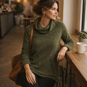 Habitat Clothes to Live In Olive Textured Cowl Neck Sweater Tunic Zip Pocket S